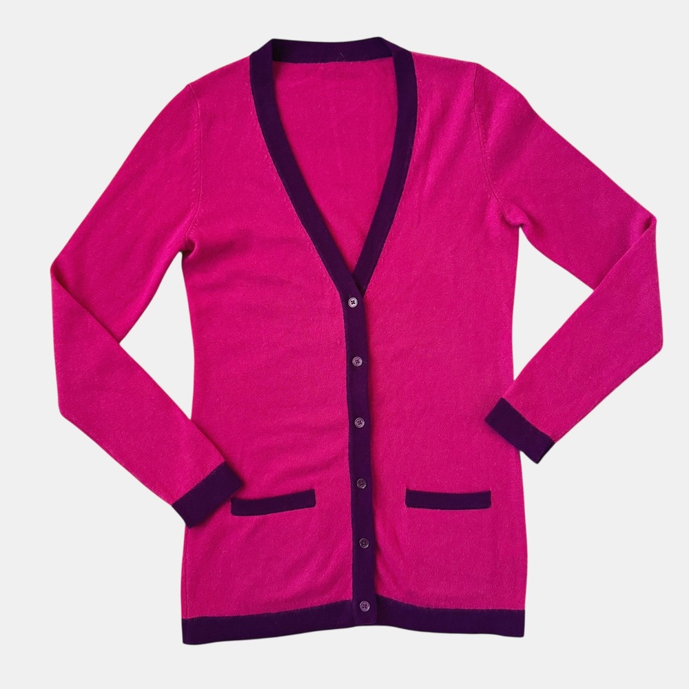 100% Cashmere Longline V Neck Cardigan S Fuchsia Pink‎ Purple barbiecore preppy
